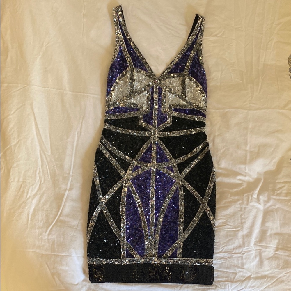 ELIE SAAB Black/Silver/Violet/White Sequin Mini Dress IT 42